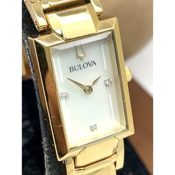 Bulova Women's Watch 97P141 Quartz Gold Tone Steel Petite Rectangle Diamond Dial